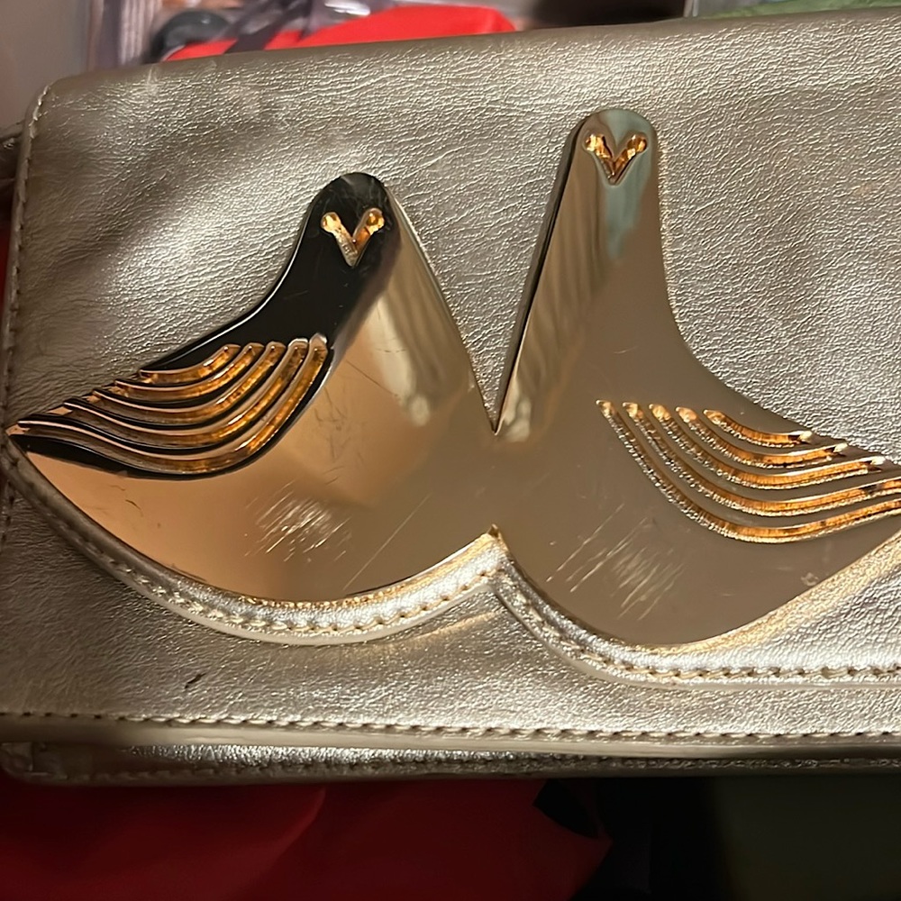 Jonathan Adler Gold Leather Clutch Wristlet with Metal Birds